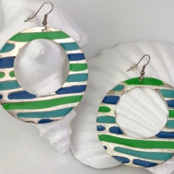 ♥️Bundle Only♥️ Vintage Style Enameled Blue & Green Hoop Disc Drop Earrings - Picture 1 of 7